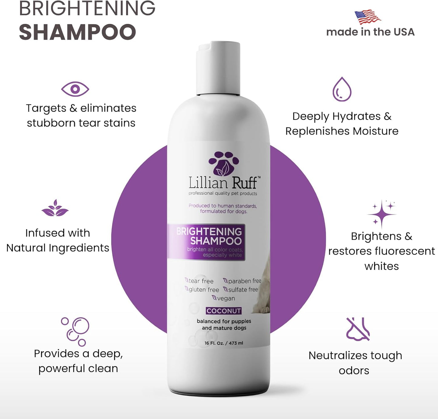 PRO Formula Ultra Brightening Dog Shampoo - Professional Whitening & Long-Lasting Odor Eliminator - Removes Stains & Discoloration, Dry Skin & Itch Relief with Aloe & Provitamin B5 (16Oz)