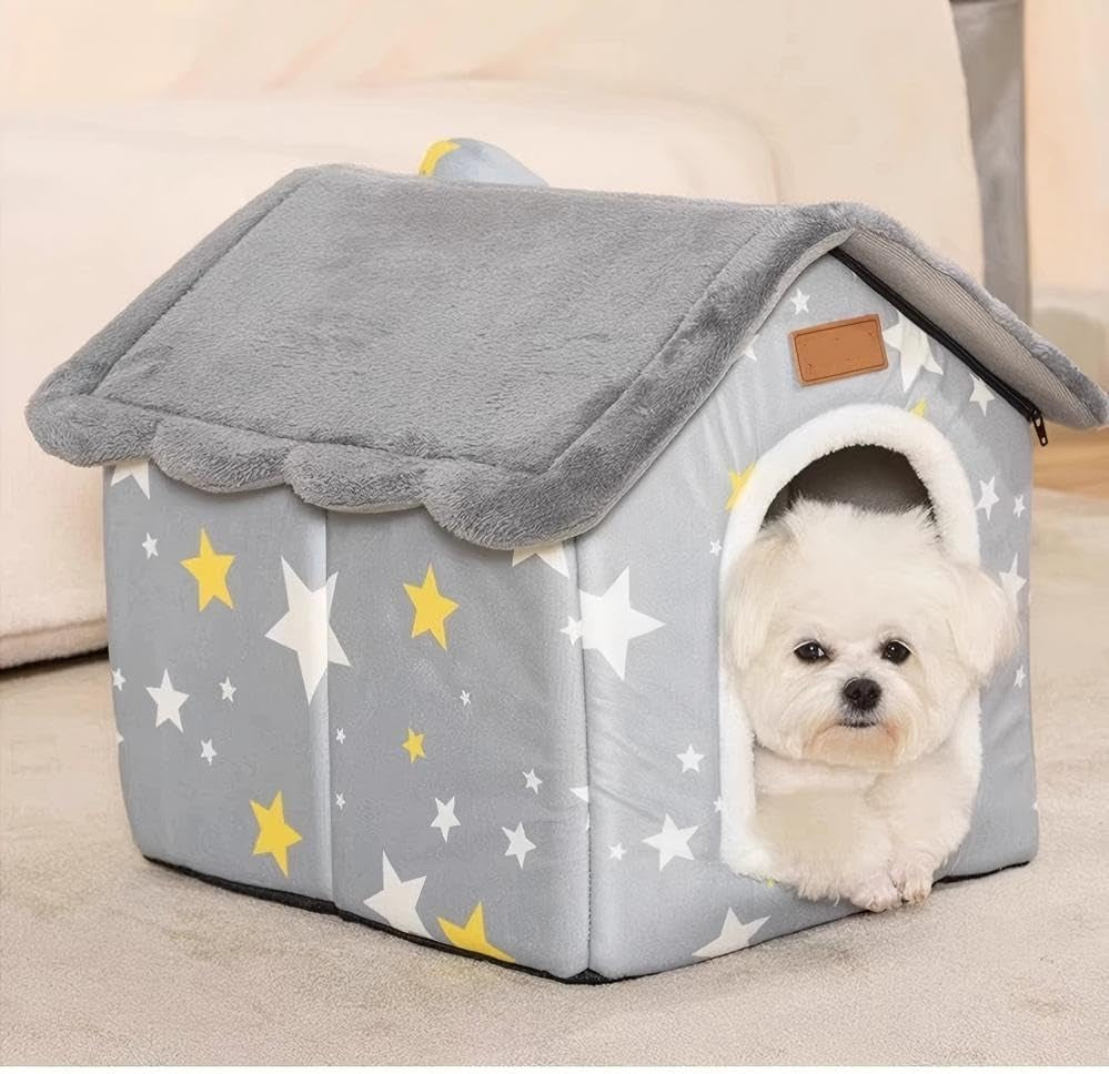 Dog House Indoor Puppy Cave Cat Nest Kennel Pet Bed Portable Memory Sponge Foldable Houses with Cushion (Grey, S:Size Fits 3.5Kg/8Lbs (Pets))