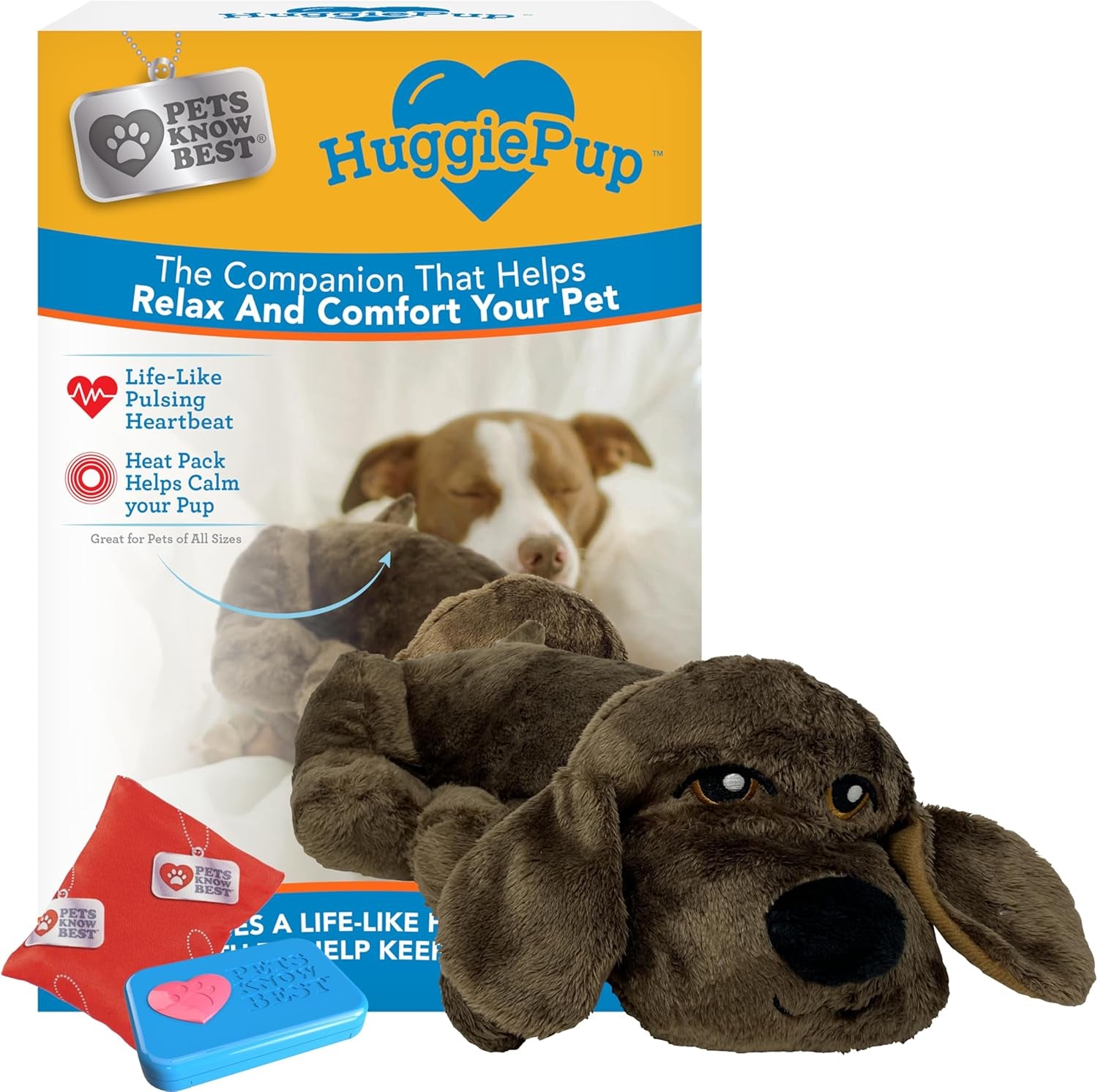 Huggiepup by Pets | Comfort Companion with Heartbeat Sleep Aide for Dogs & Puppies, Heating for Calming Relief Day or Night, Crate & Behavioral Training Essential Breeds | Chocolate