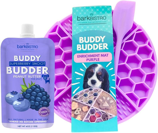 Dog Lick Mat Set with Superberry Peanut Butter, Purple Enrichment Mat with Spatula, 4 Oz Squeeze Pack
