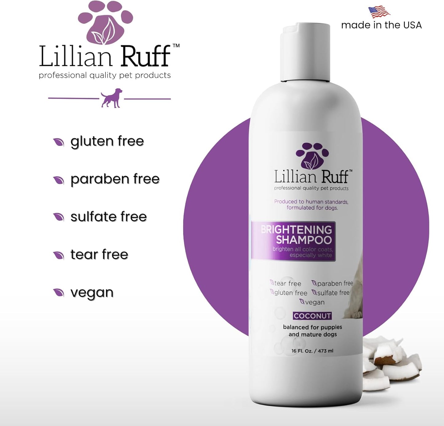 PRO Formula Ultra Brightening Dog Shampoo - Professional Whitening & Long-Lasting Odor Eliminator - Removes Stains & Discoloration, Dry Skin & Itch Relief with Aloe & Provitamin B5 (16Oz)