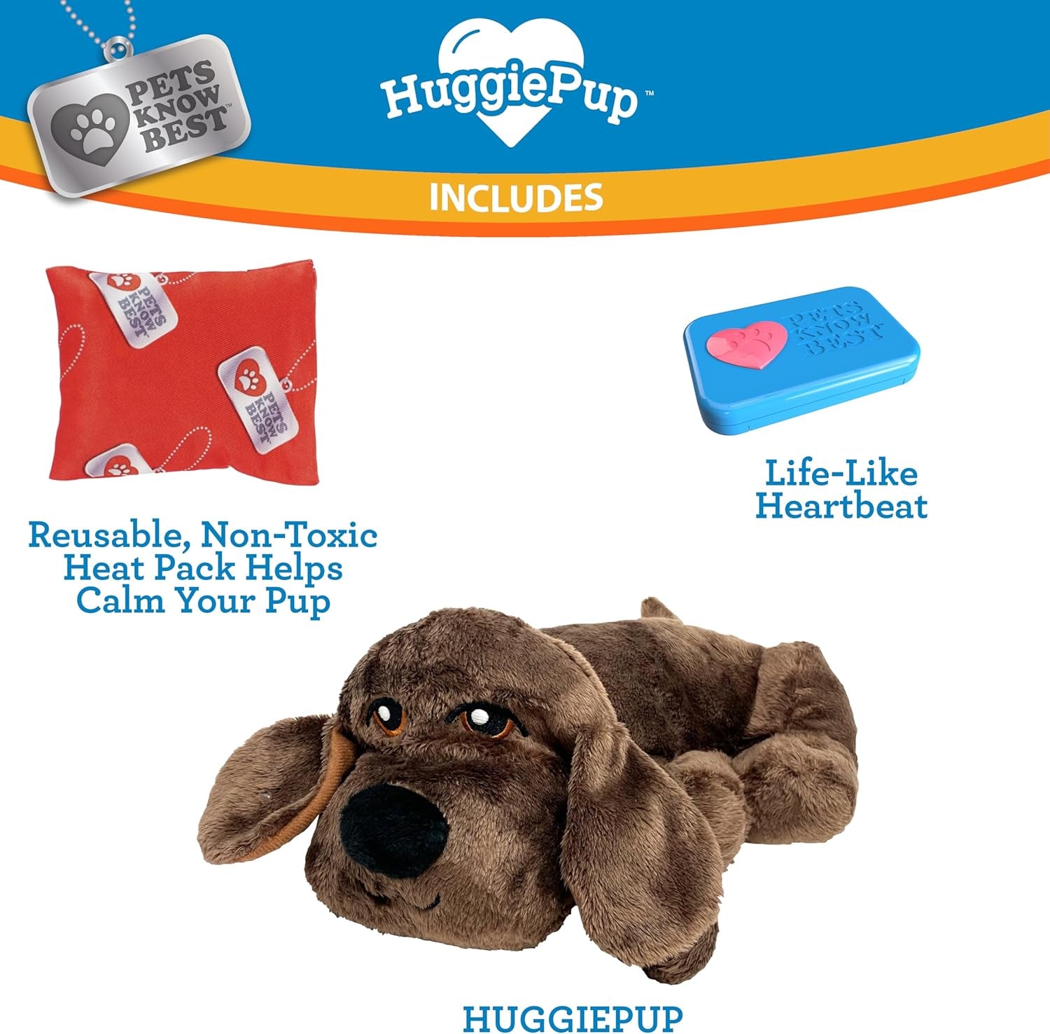 Huggiepup by Pets | Comfort Companion with Heartbeat Sleep Aide for Dogs & Puppies, Heating for Calming Relief Day or Night, Crate & Behavioral Training Essential Breeds | Chocolate